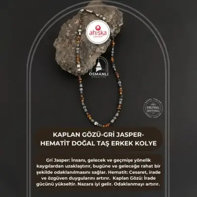 Kaplan Gözü-Gri Jasper-Hematit Doğal Taş Erkek Kolye - Doğal Taş (1)