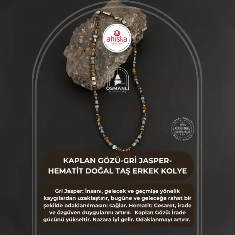 Kaplan Gözü-Gri Jasper-Hematit Doğal Taş Erkek Kolye - 2