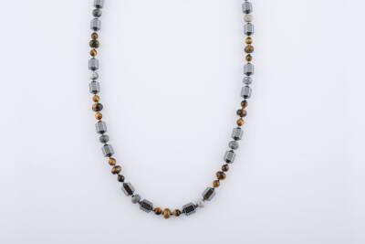 Kaplan Gözü-Gri Jasper-Hematit Doğal Taş Erkek Kolye - Osmanlı Doğaltaş