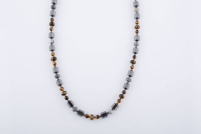 Kaplan Gözü-Gri Jasper-Hematit Doğal Taş Erkek Kolye - 1