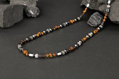 Kaplan Gözü-Gri Jasper-Hematit Doğal Taş Erkek Kolye - 2