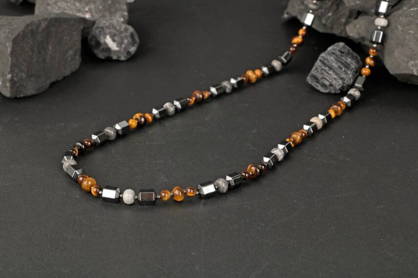 Kaplan Gözü-Gri Jasper-Hematit Doğal Taş Erkek Kolye - 2