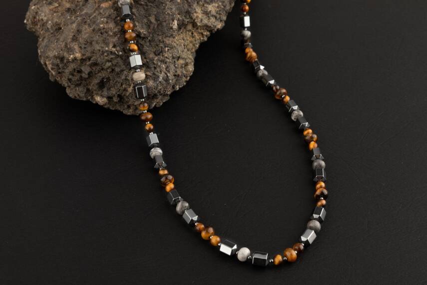 Kaplan Gözü-Gri Jasper-Hematit Doğal Taş Erkek Kolye - 3