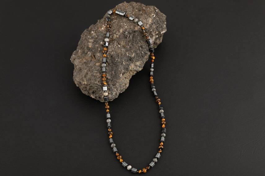 Kaplan Gözü-Gri Jasper-Hematit Doğal Taş Erkek Kolye - 4