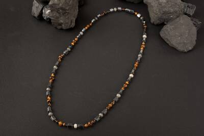 Kaplan Gözü-Gri Jasper-Hematit Doğal Taş Erkek Kolye - 5