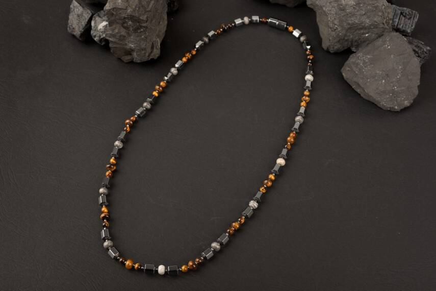 Kaplan Gözü-Gri Jasper-Hematit Doğal Taş Erkek Kolye - 5