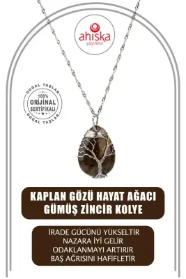 Kaplan Gözü Hayat Ağacı Doğal Taş Gümüş Zincir Kolye - 1