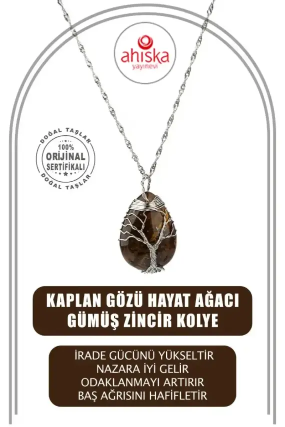 Kaplan Gözü Hayat Ağacı Doğal Taş Gümüş Zincir Kolye - 1