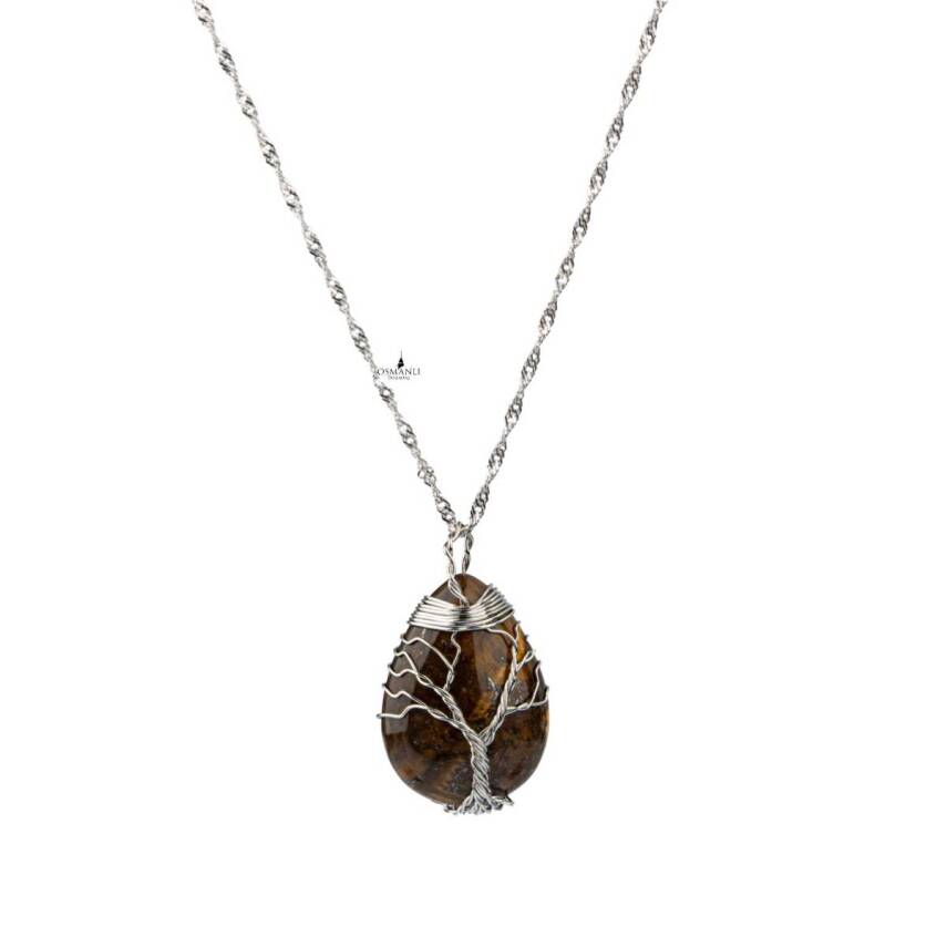 Kaplan Gözü Hayat Ağacı Doğal Taş Gümüş Zincir Kolye - 2