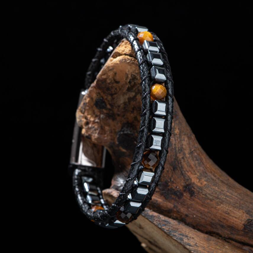 Kaplan Gözü-Hematit Doğal Taş Erkek Makrome Bileklik - 2