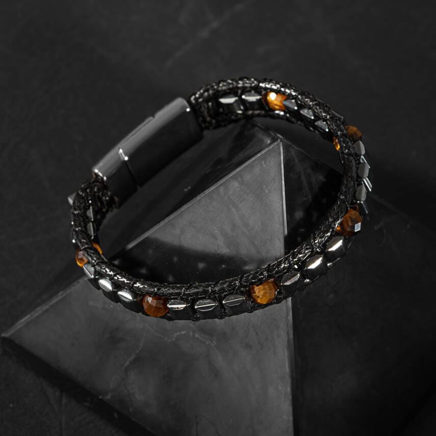 Kaplan Gözü-Hematit Doğal Taş Erkek Makrome Bileklik - 3