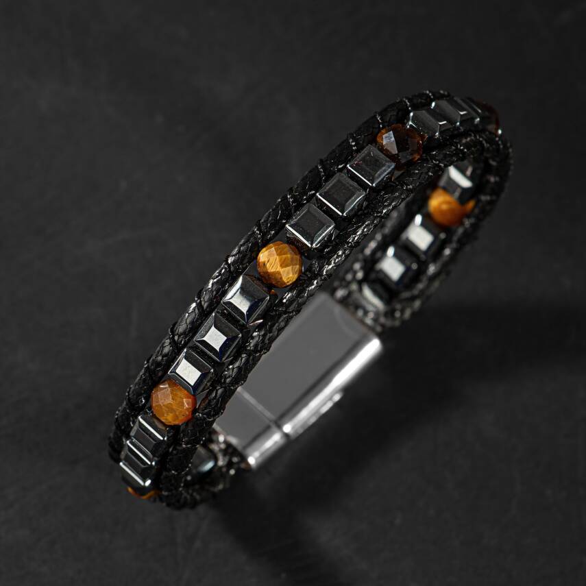 Kaplan Gözü-Hematit Doğal Taş Erkek Makrome Bileklik - 4