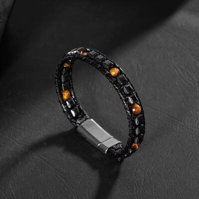 Kaplan Gözü-Hematit Doğal Taş Erkek Makrome Bileklik - 5