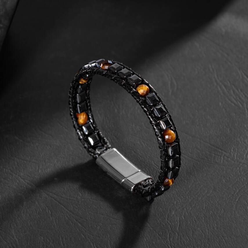 Kaplan Gözü-Hematit Doğal Taş Erkek Makrome Bileklik - 5