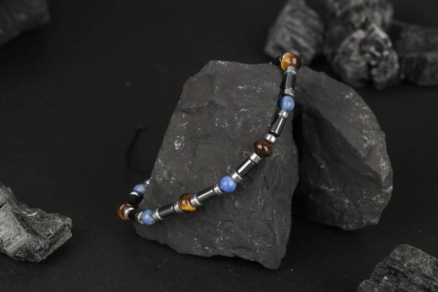 Kaplan Gözü-Hematit-Lapis Lazuli Doğal Taş Bileklik - 3