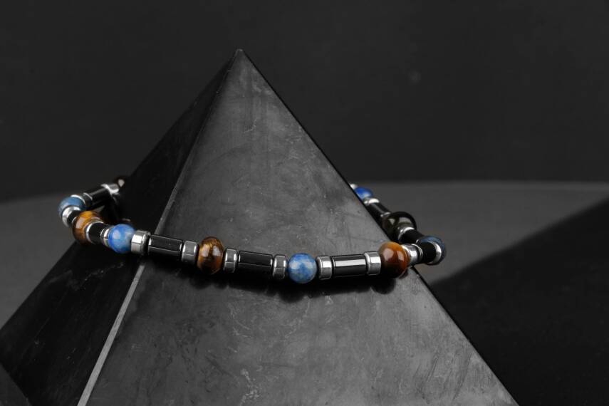 Kaplan Gözü-Hematit-Lapis Lazuli Doğal Taş Bileklik - 5