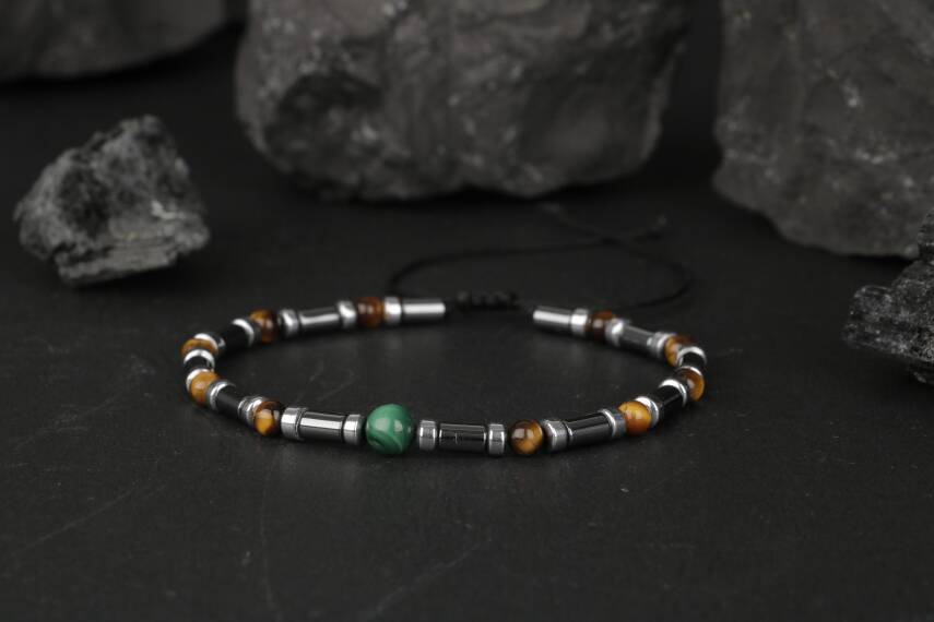 Kaplan Gözü-Hematit-Malakit Doğal Taş Bileklik - 5