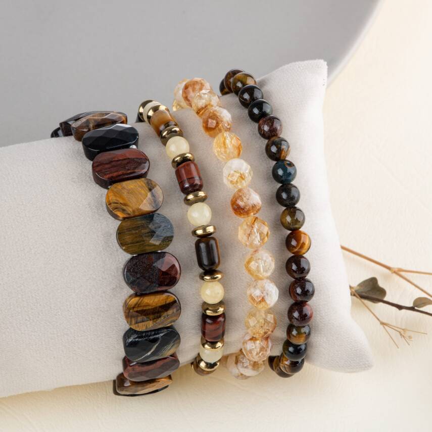 Kaplan Gözü-Kalsit-Sitrin-Hematit Doğal Taş Kadın Bileklik Seti - 1