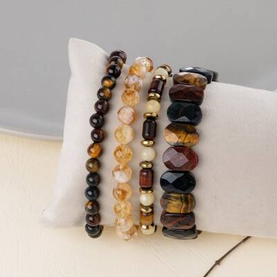 Kaplan Gözü-Kalsit-Sitrin-Hematit Doğal Taş Kadın Bileklik Seti - 2