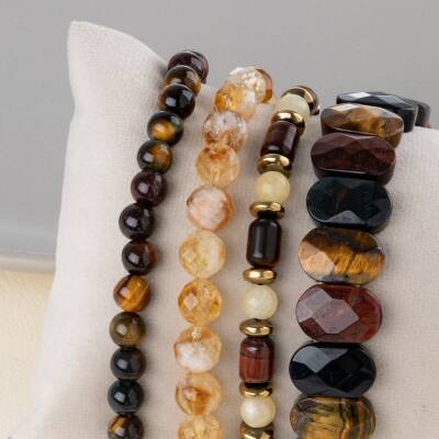 Kaplan Gözü-Kalsit-Sitrin-Hematit Doğal Taş Kadın Bileklik Seti - 3