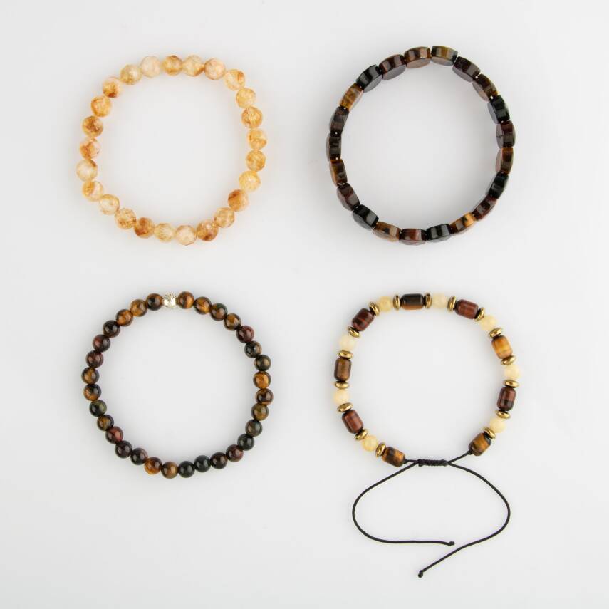 Kaplan Gözü-Kalsit-Sitrin-Hematit Doğal Taş Kadın Bileklik Seti - 4