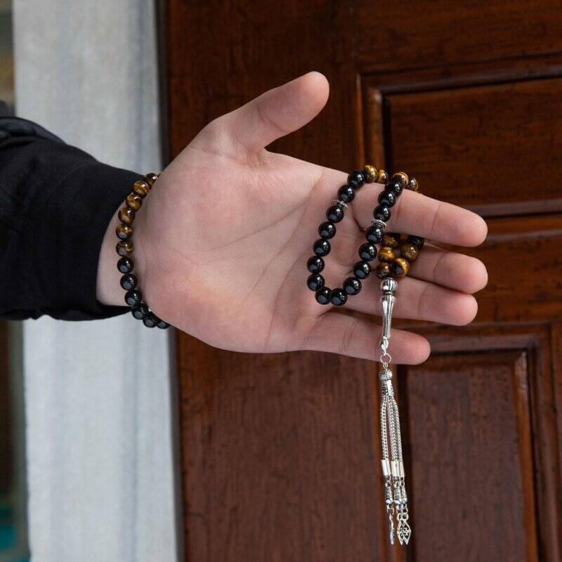 Kaplan Gözü-Obsidyen Doğal Taş Tesbih Bileklik Seti - 2
