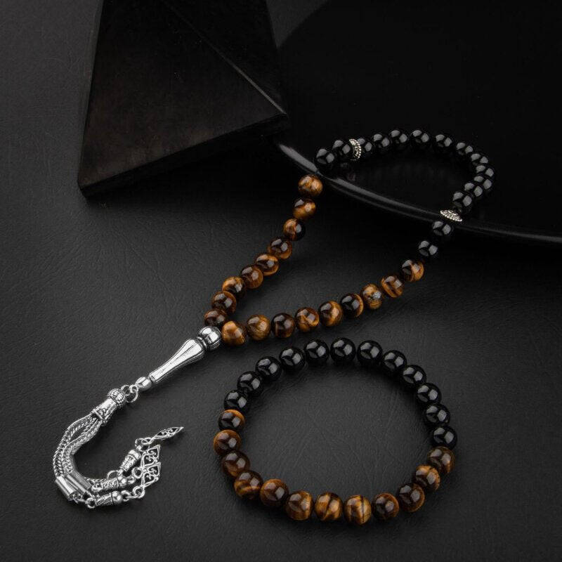 Kaplan Gözü-Obsidyen Doğal Taş Tesbih Bileklik Seti - 3