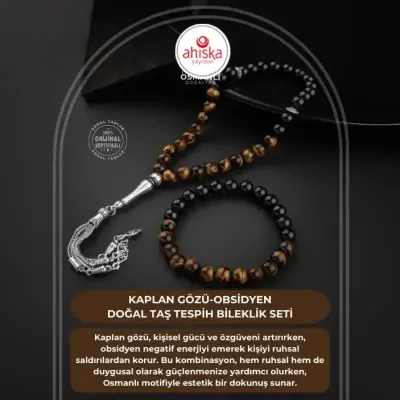 Kaplan Gözü-Obsidyen Doğal Taş Tesbih Bileklik Seti - Doğal Taş (1)