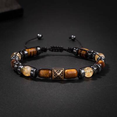 Kaplan Gözü-Sitrin-Hematit Doğal Taş Erkek Zirkon Bileklik - 2