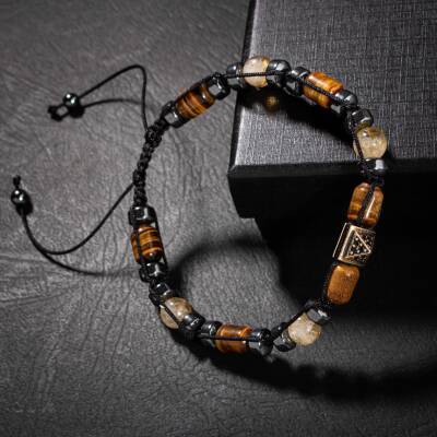 Kaplan Gözü-Sitrin-Hematit Doğal Taş Erkek Zirkon Bileklik - 4