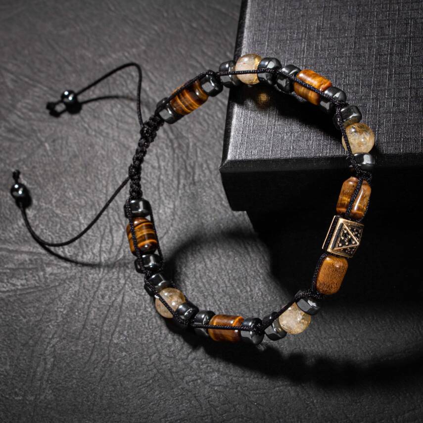 Kaplan Gözü-Sitrin-Hematit Doğal Taş Erkek Zirkon Bileklik - 4