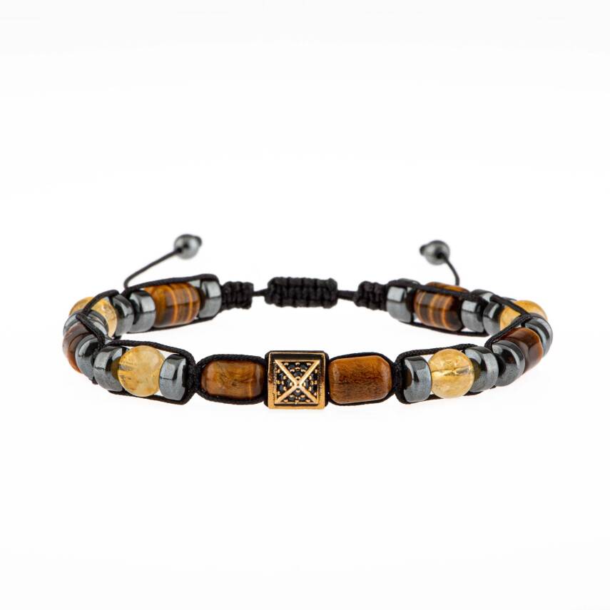 Kaplan Gözü-Sitrin-Hematit Doğal Taş Erkek Zirkon Bileklik - 1