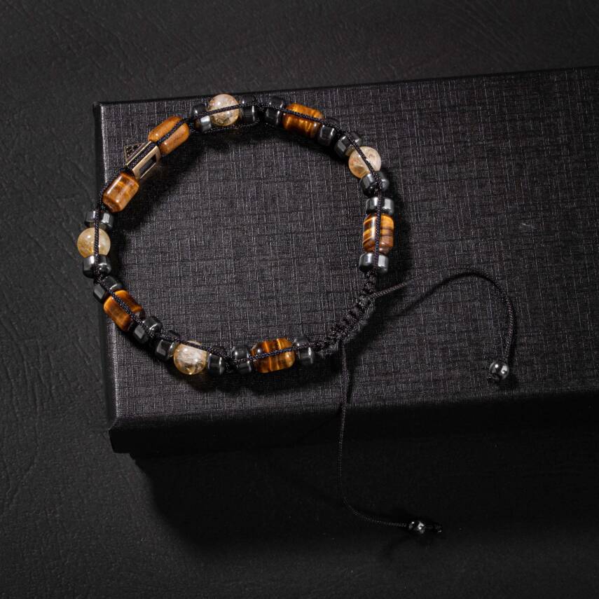 Kaplan Gözü-Sitrin-Hematit Doğal Taş Erkek Zirkon Bileklik - 3