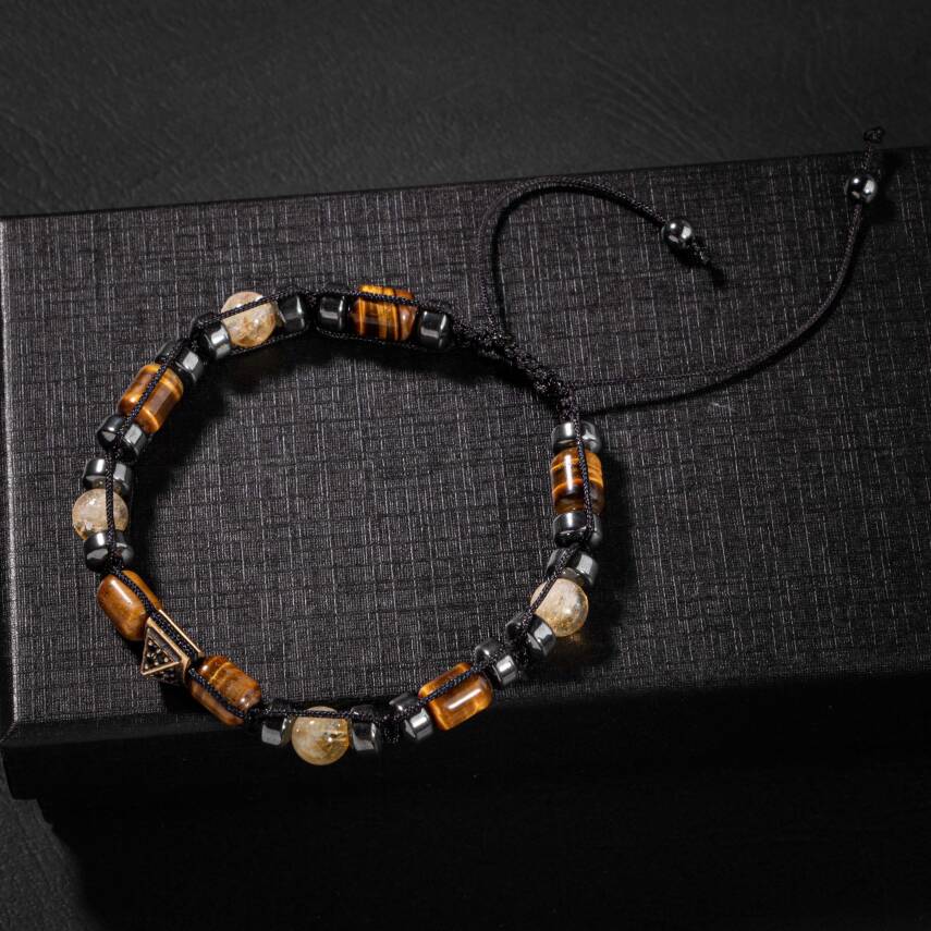 Kaplan Gözü-Sitrin-Hematit Doğal Taş Erkek Zirkon Bileklik - 5