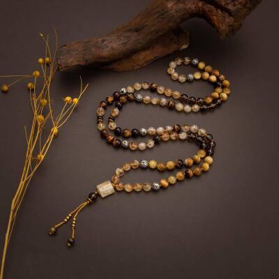 Kaplan Gözü-Sitrin-Lav Taşı Doğal Taş 108 Niyet Taşı Mala Kolyesi - Osmanlı Doğaltaş