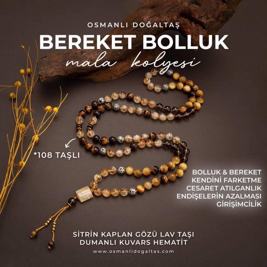 Kaplan Gözü-Sitrin-Lav Taşı Doğal Taş 108 Niyet Taşı Mala Kolyesi - 2