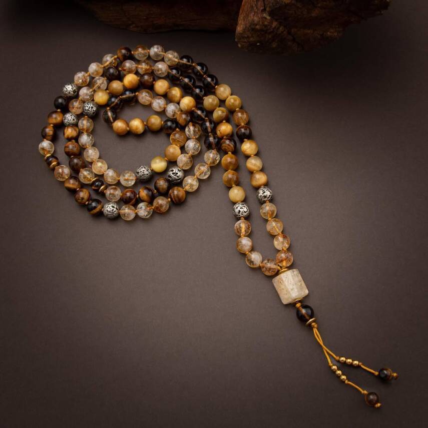 Kaplan Gözü-Sitrin-Lav Taşı Doğal Taş 108 Niyet Taşı Mala Kolyesi - 3