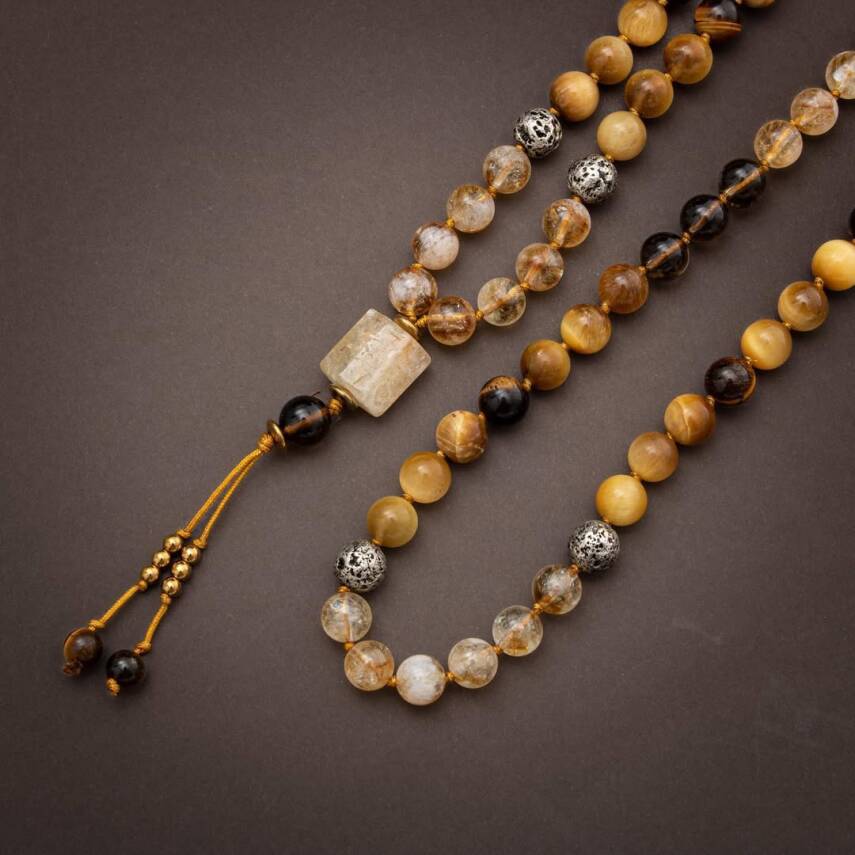 Kaplan Gözü-Sitrin-Lav Taşı Doğal Taş 108 Niyet Taşı Mala Kolyesi - 4