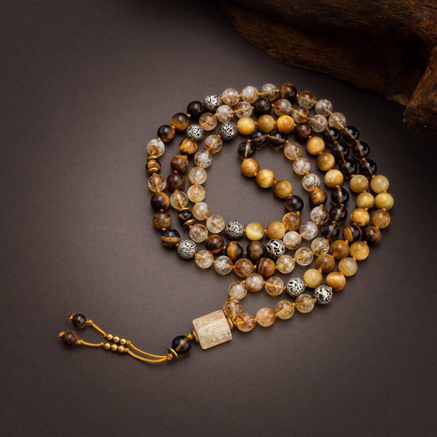 Kaplan Gözü-Sitrin-Lav Taşı Doğal Taş 108 Niyet Taşı Mala Kolyesi - 5