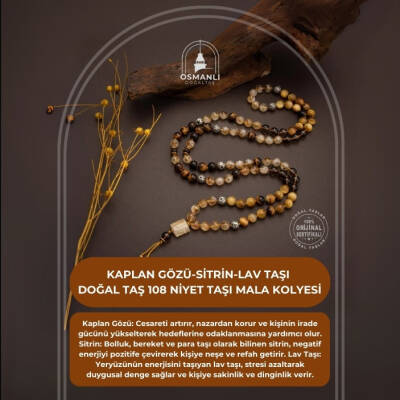 Kaplan Gözü-Sitrin-Lav Taşı Doğal Taş 108 Niyet Taşı Mala Kolyesi - 2