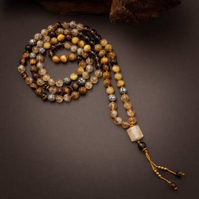 Kaplan Gözü-Sitrin-Lav Taşı Doğal Taş 108 Niyet Taşı Mala Kolyesi - 5