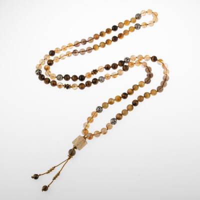 Kaplan Gözü-Sitrin-Lav Taşı Doğal Taş 108 Niyet Taşı Mala Kolyesi - 6