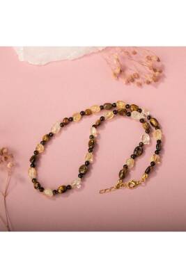 Kaplan Gözü-Sitrin-Obsidyen Doğal Taş Kolye - 5