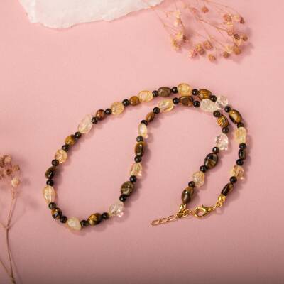 Kaplan Gözü-Sitrin-Obsidyen Doğal Taş Kolye - 5