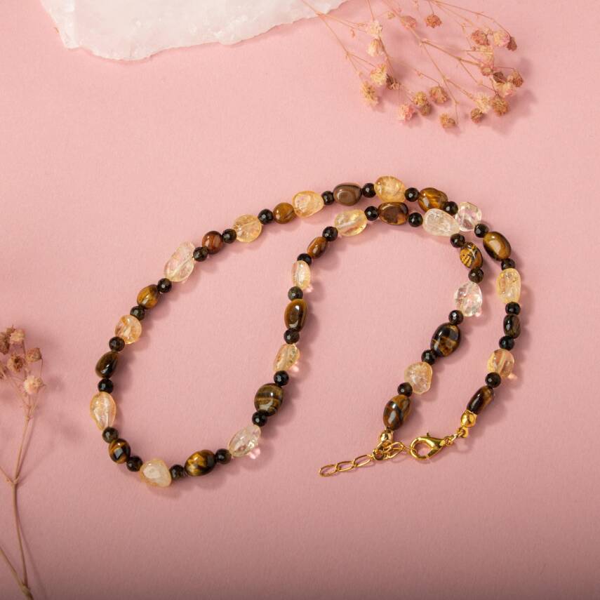 Kaplan Gözü-Sitrin-Obsidyen Doğal Taş Kolye - 5