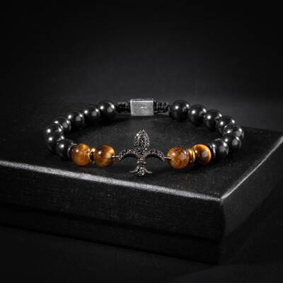 Kaplan Gözü-Turmalin Doğal Taş Zirkon Gümüş Erkek Bileklik - Osmanlı Doğaltaş