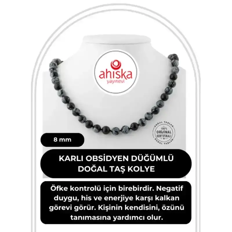Karlı Obsidyen 8 mm Düğümlü Doğal Taş Kolye - 1