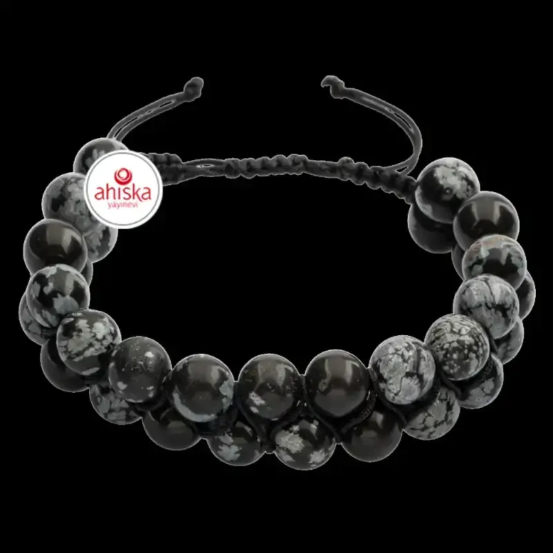 Karlı Obsidyen 8mm Çift Sıra Makrome Doğal Taş Bileklik - 3
