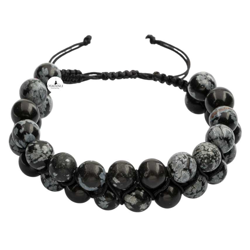 Karlı Obsidyen 8mm Çift Sıra Makrome Doğal Taş Bileklik - 2