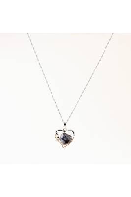 Karlı Obsidyen Doğal Taş Kalpli Kolye, Gümüş Zincir - Osmanlı Doğaltaş